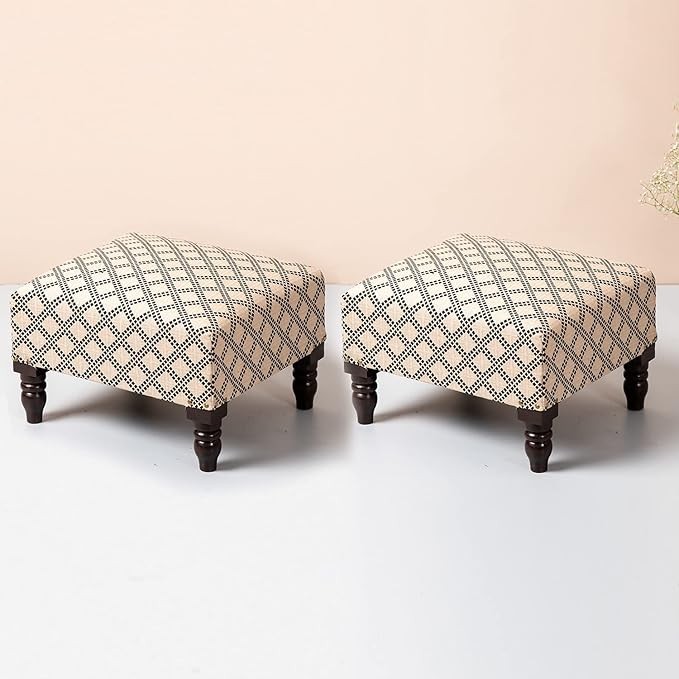 Ottoman Stool for Living Room | Set of 2 Wooden Pouffe for Sitting | Ottoman Bench Foot Stool for Bedroom (10 inch, Cream) Visit the nestroots Store